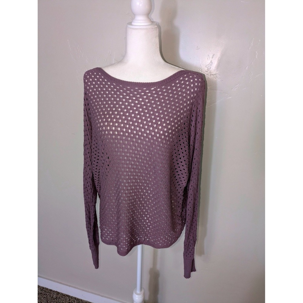 ee:some Open Knit Sweater Women M/L Mauve Boat Neck Batwing Sleeve Pointelle